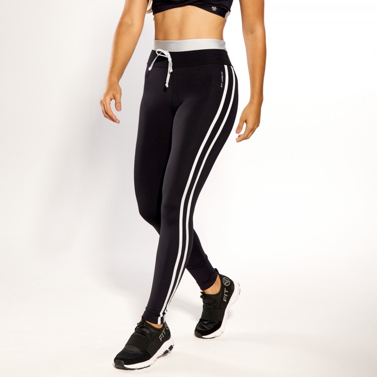 Calça Legging Poliamida Preta com Chapado e Cadarço Prata