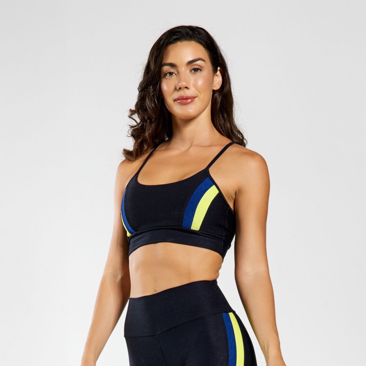 Top Fitness Micro Canelado Sinais Com Recortes Marinho e Verde Limão