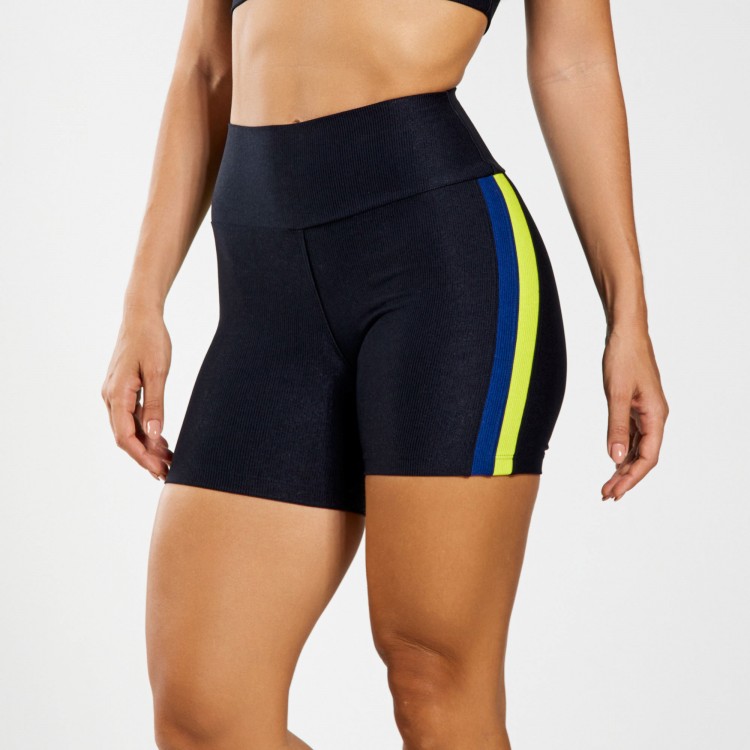 Short Fitness Micro Canelado Sinais Com Recortes Marinho e Verde Limão
