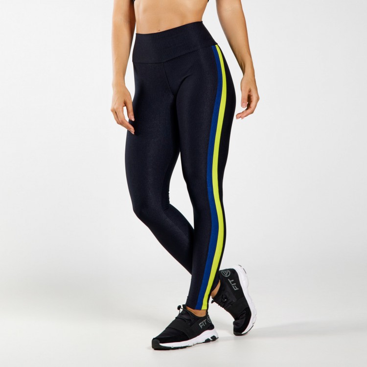 Legging Fitness Micro Canelada Sinais Com Recortes Marinho e Verde Limão