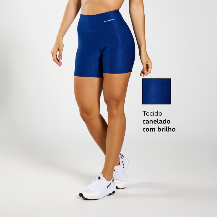 Short Fitness Micro Canelado Brilho Azul Marinho